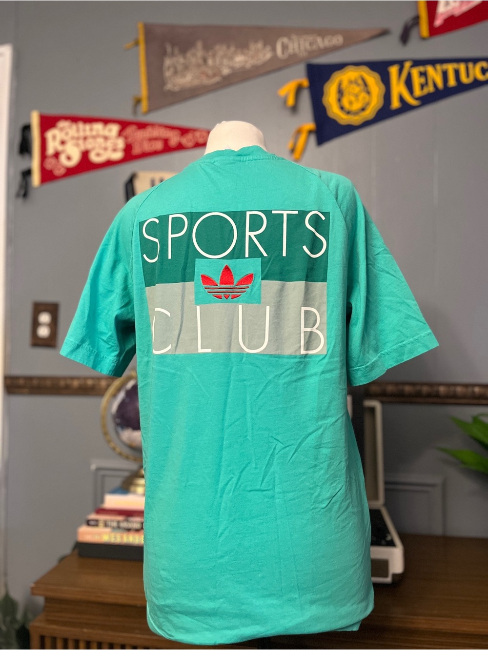 adidas Teal 'Sports Club' Graphic Tee with Red Trefoil